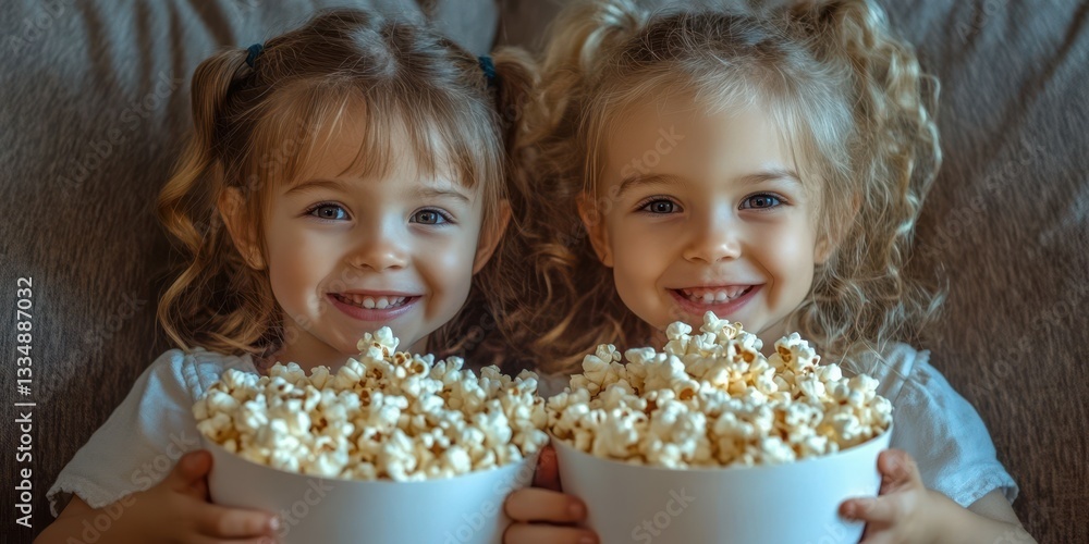 Two smiling girls enjoying popcorn while watching a movie at home during a cozy family night Two smiling girls enjoying popcorn while watching a movie at home during a cozy family night