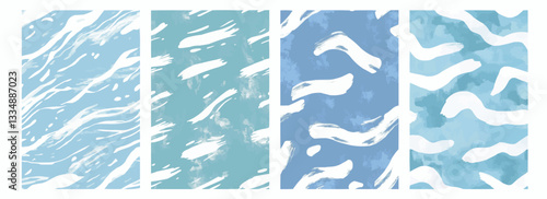 Vector pattern set of minimalist fluid design with white strokes on soft arctic blue background