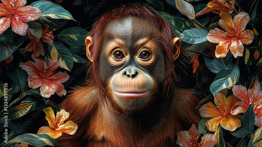 Obraz premium Adorable Baby Monkey Surrounded by Vibrant Tropical Flowers in Lush Greenery