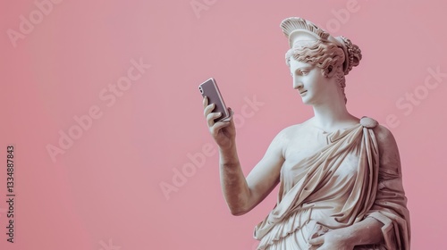 Classical white marble statue using a smartphone on a pink background, blending ancient art with modern technology