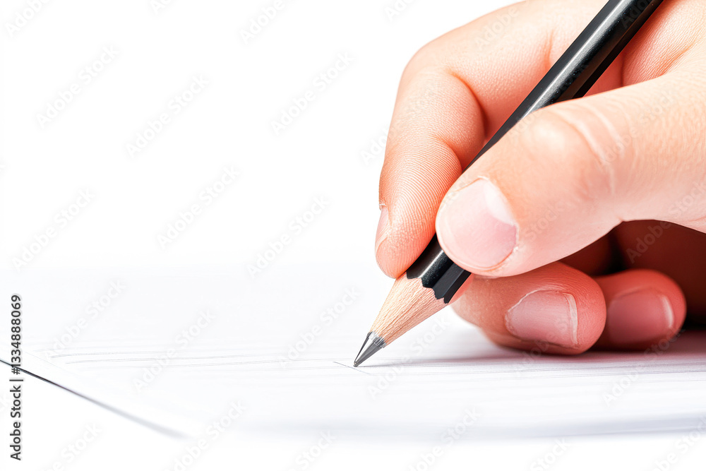 A hand holding a pencil writing on blank paper. A hand holding a pencil writing on blank paper.