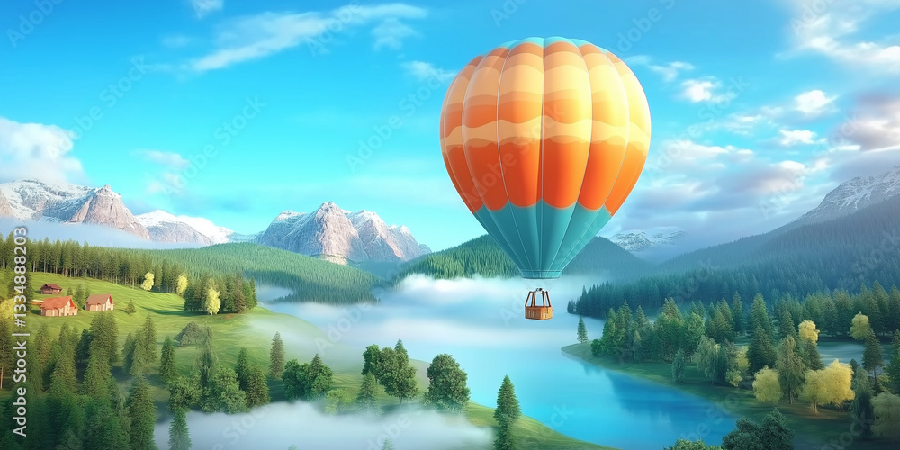 Fototapeta premium Orange hot air balloon soars over scenic misty valley and snow-capped mountains