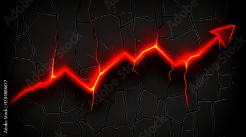 Glowing red upward trend graph on cracked dark stone background.
