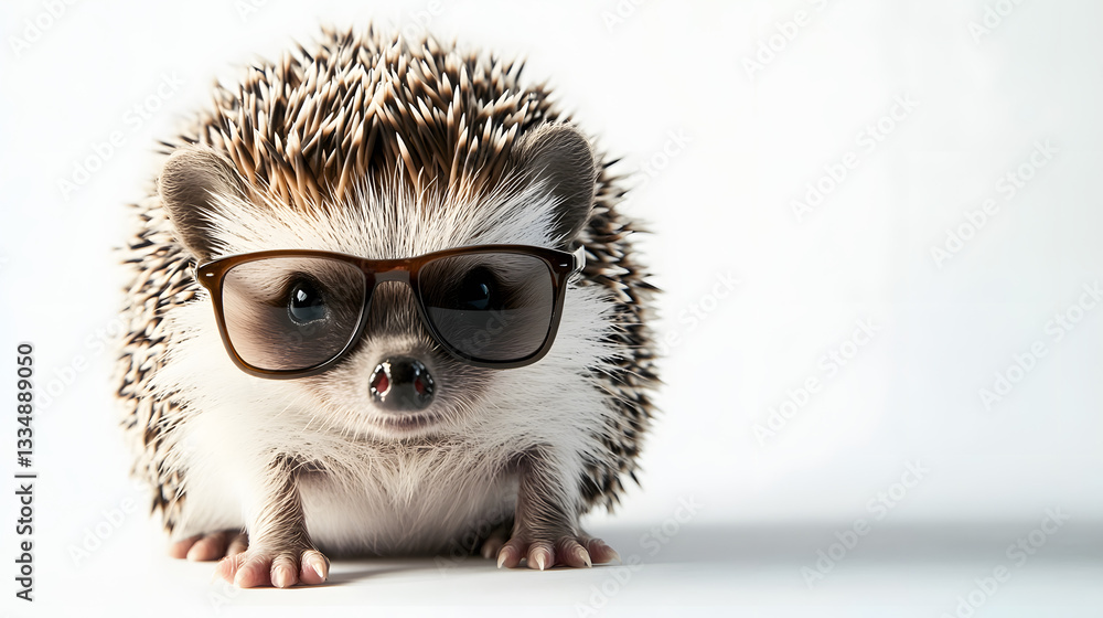 Realistic close-up of a hedgehog with sunglasses, striking a cool pose, high-definition spikes, soft lighting, white background Realistic close-up of a hedgehog with sunglasses, striking a cool pose, high-definition spikes, soft lighting, white background