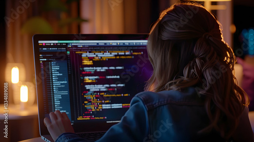 Student engages in an online programming course at night while working on a laptop with colorful code displayed on the screen