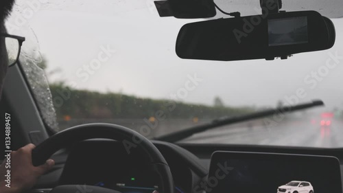 4k Video of Summer Stormy Weather Driving Through Rain on a Highway With Windshield Wipers in Action