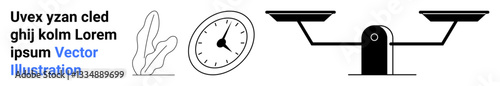 Balance scale, analog clock, and abstract shape emphasize balance, time, and simplicity. Ideal for success, productivity, equality, decision-making minimalism workflow simple landing page