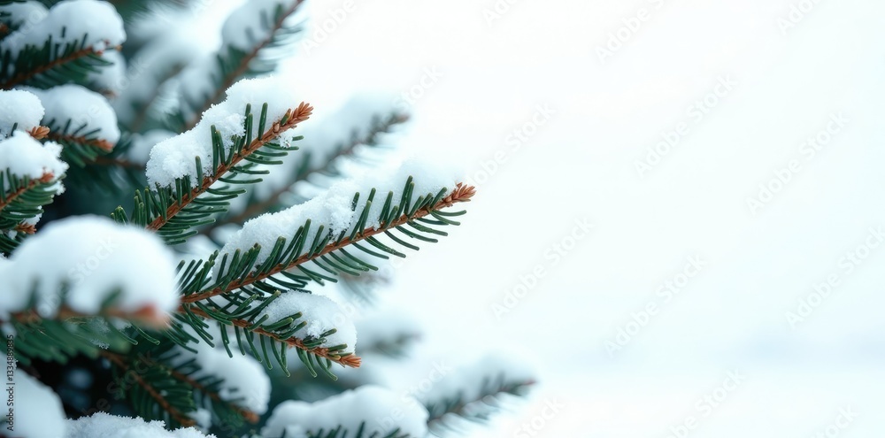 Snow covered evergreen branches against a white background, tree, greenery Snow covered evergreen branches against a white background, tree, greenery
