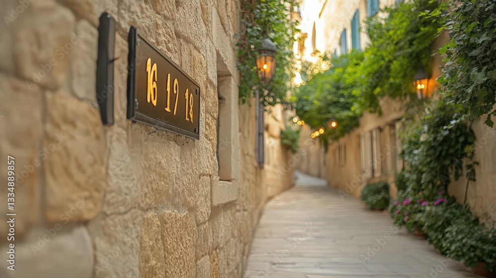 Fototapeta premium Sunlit Stone Alleyway with Greenery and Numbered Plaque