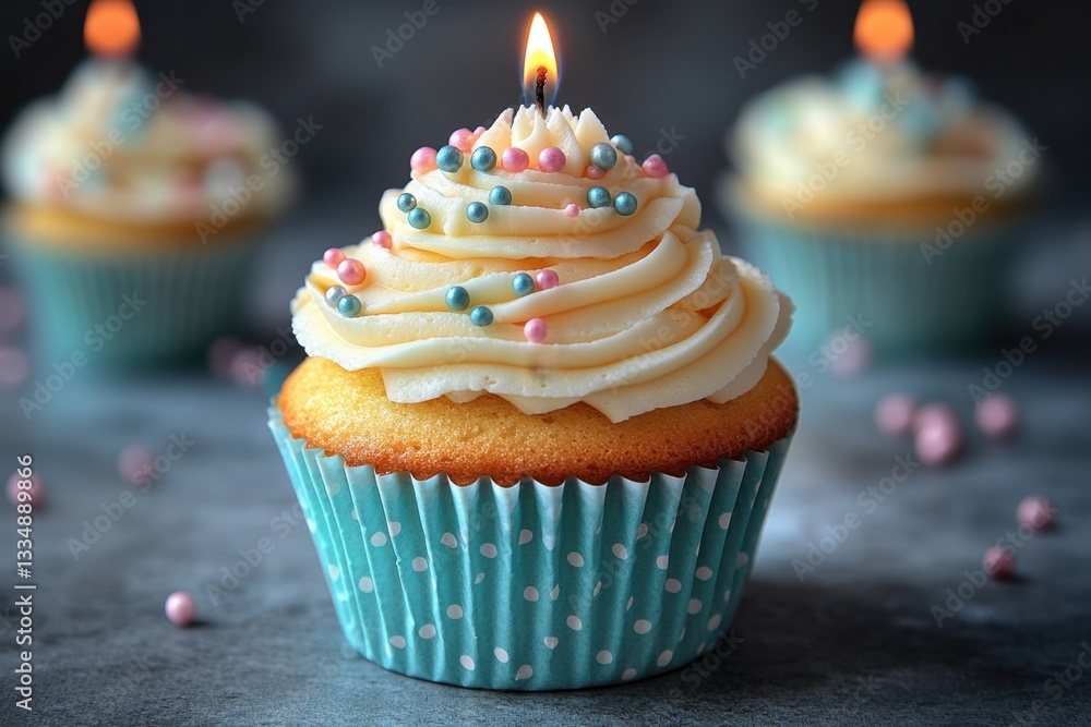 A delicious cupcake with a lit candle and pastel sprinkles is ready for a birthday celebration. A delicious cupcake with a lit candle and pastel sprinkles is ready for a birthday celebration.