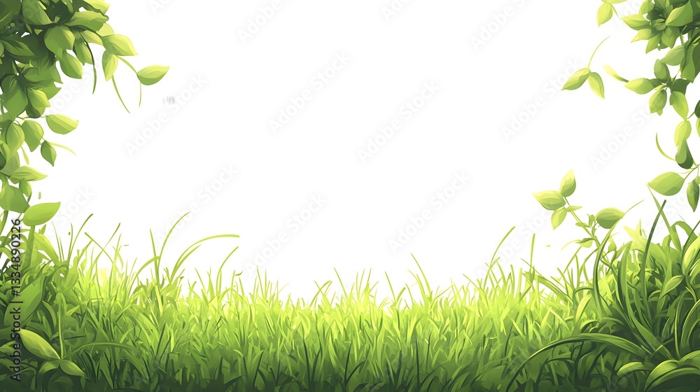Green grass leaves and foliage frame a white background space Green grass leaves and foliage frame a white background space