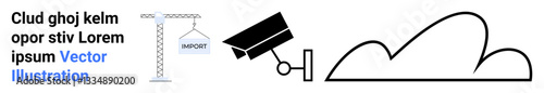 Crane lifting weight, security camera, graduation cap, and cloud shape for innovation, learning, monitoring, construction, logistics, data storage project management and simple landing page