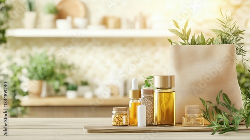 Eco friendly reusable shopping bag with fresh aromatic herbs and natural beauty products displayed on wooden table in sunlit kitchen