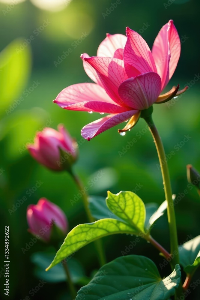 Water droplets cling to leaves and petals of blooming flowers in the garden, garden, green Water droplets cling to leaves and petals of blooming flowers in the garden, garden, green