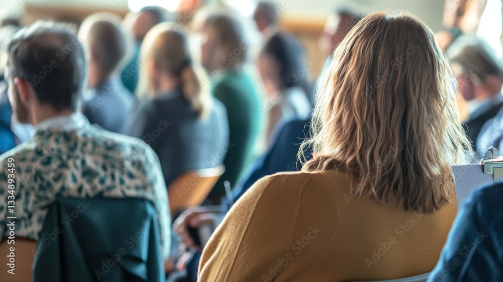 Fototapeta premium Rear view of a woman with blonde wavy hair attentively listening to a speaker at a business seminar or conference with blurred audience members