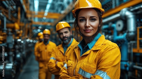 Confident engineer team in factory with industrial background