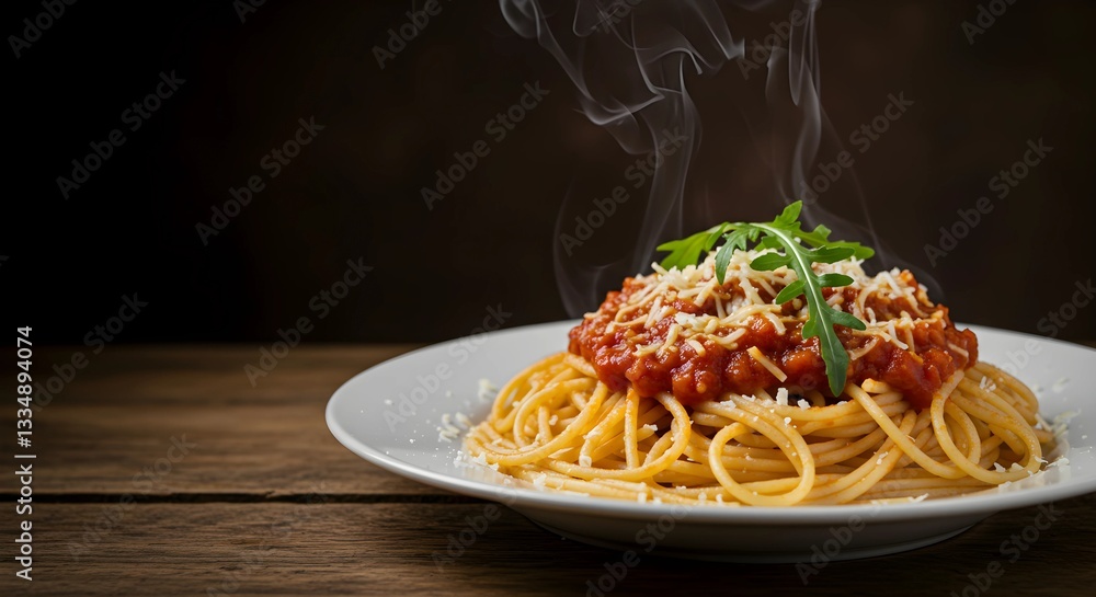 Fototapeta premium Spaghetti alla Amatriciana with tomatoes and pecorino cheese with copy space area
