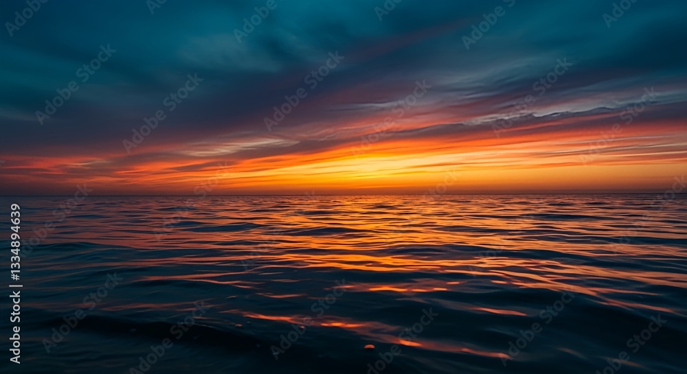 Obraz premium Ocean sunset with golden reflections on water, serene horizon, dramatic sky, peaceful nature scene, evening seascape, calm sea, relaxing beach view, travel inspiration
