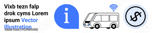 Information icon, a bus with wireless signal, and payment symbol representing technology, smart mobility, public transport, digital payment, connectivity, travel planning, simple landing page