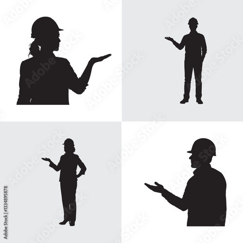 Silhouettes of construction workers presenting or showing something