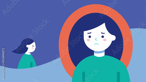 Mirror Reflection Design a character looking into a mirror where their reflection is adorned with unrealistic beauty standards and influencerstyle fashion while they look uncertain