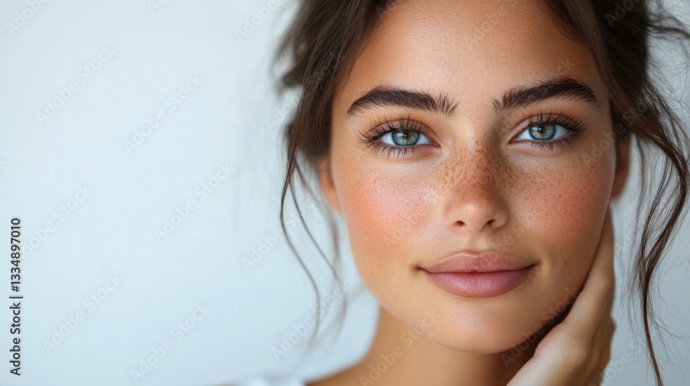 Naklejka premium Beauty Unveiled: A close-up shot capturing the radiant beauty of a woman with captivating blue eyes and a gentle smile. This portrait celebrates natural allure and invites a sense of serenity.