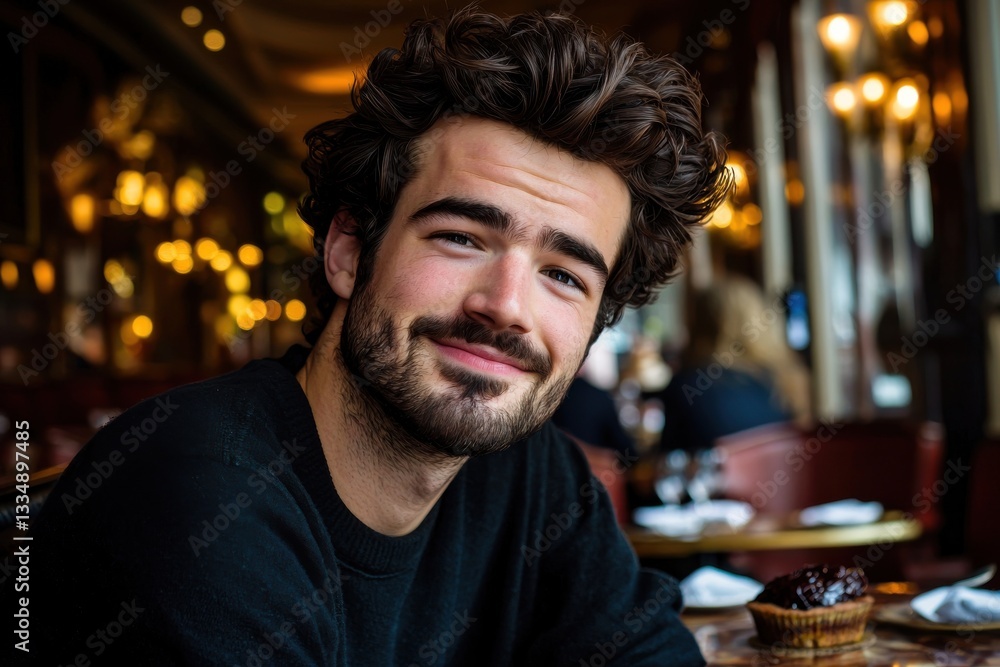 Charming portrait of a stylish young man with a beard, enjoying a delicious cupcake in a cozy cafe, surrounded by warm lighting and an inviting ambiance. Charming portrait of a stylish young man with a beard, enjoying a delicious cupcake in a cozy cafe, surrounded by warm lighting and an inviting ambiance.