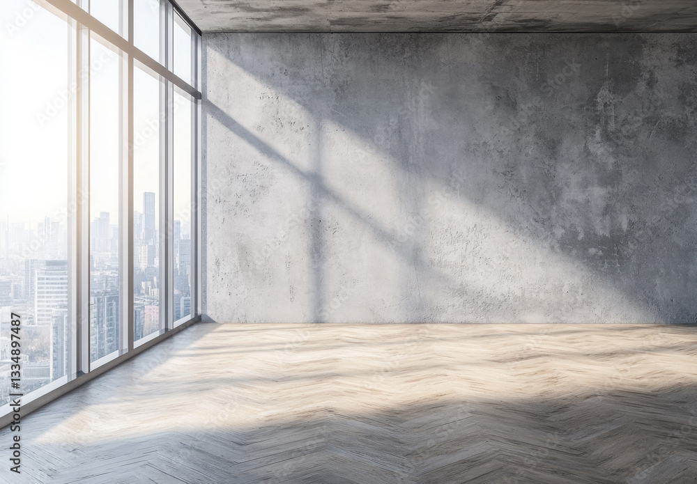 Spacious room featuring old concrete walls and large glass windows that allow sunlight to illuminate the interior. A stunning urban skyline can be seen in the background during dawn Spacious room featuring old concrete walls and large glass windows that allow sunlight to illuminate the interior. A stunning urban skyline can be seen in the background during dawn