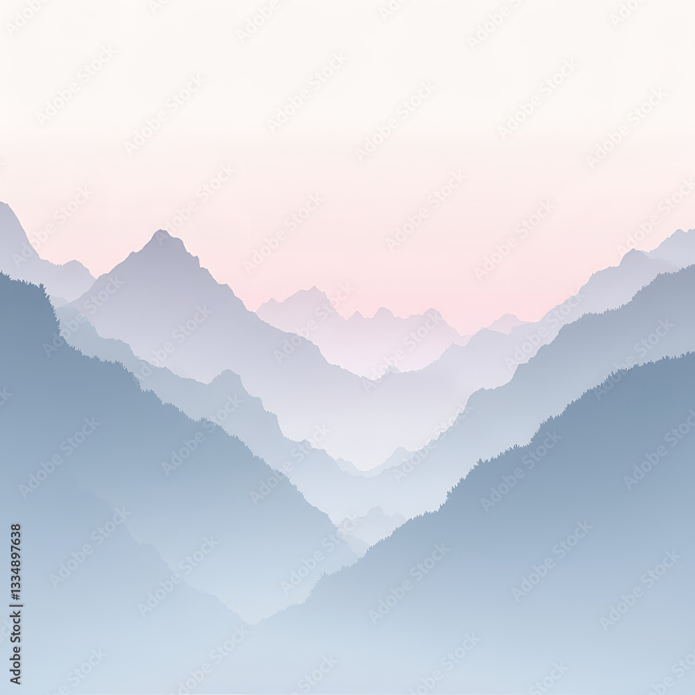 Fototapeta premium Flat 2D mountain illustration in pastel pink-blue tones with copy space