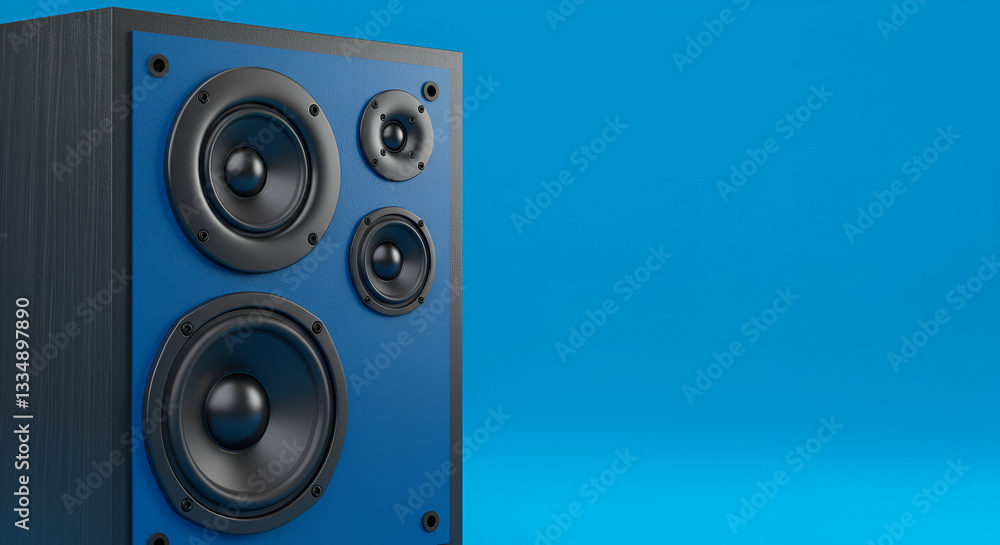 Black loudspeaker with circular cone and sleek design isolated on blue background.compact, loudspeaker Black loudspeaker with circular cone and sleek design isolated on blue background.compact, loudspeaker
