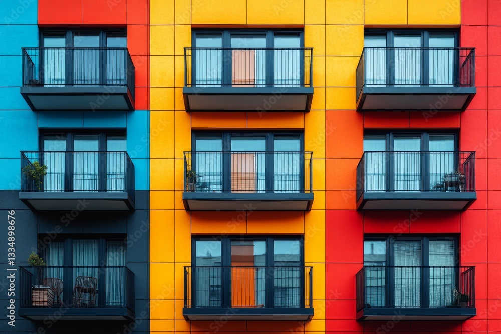 Geometric colorful apartment building facade with vibrant balconies Geometric colorful apartment building facade with vibrant balconies
