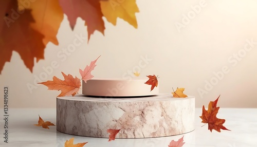 autumn season podium stage with warm earthy tones and falling leaves, creating a seasonal ambiance for product presentation in a illustration rendering, ideal for branding and marketing in nature.