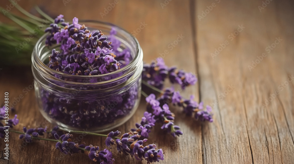 Dried Lavender Flowers in a Glass Jar on Wooden Table Dried Lavender Flowers in a Glass Jar on Wooden Table