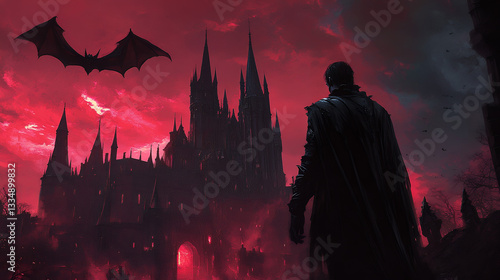 A vampire standing in front of a gothic castle with a full moon in the background