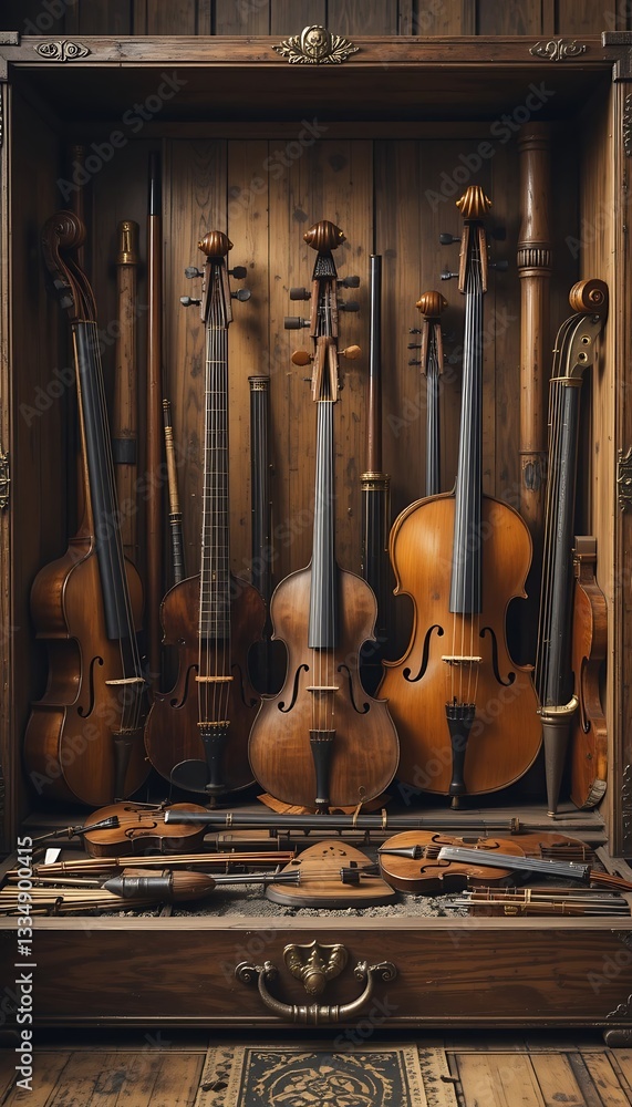 Naklejka premium Antique String Instruments Inside Wooden Cabinet a Symphony of Musical History