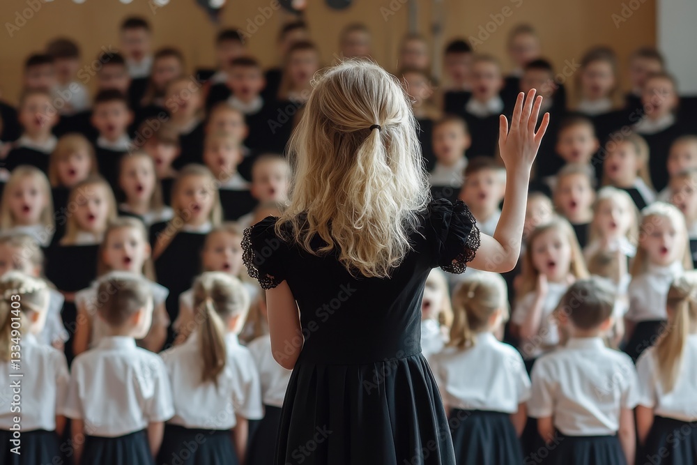 Fototapeta premium A blonde female vocalist in a black dress raises her hand to conduct a choir with children from a music school behind her
