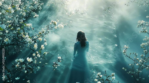 Misty Flower Path, Woman Walking