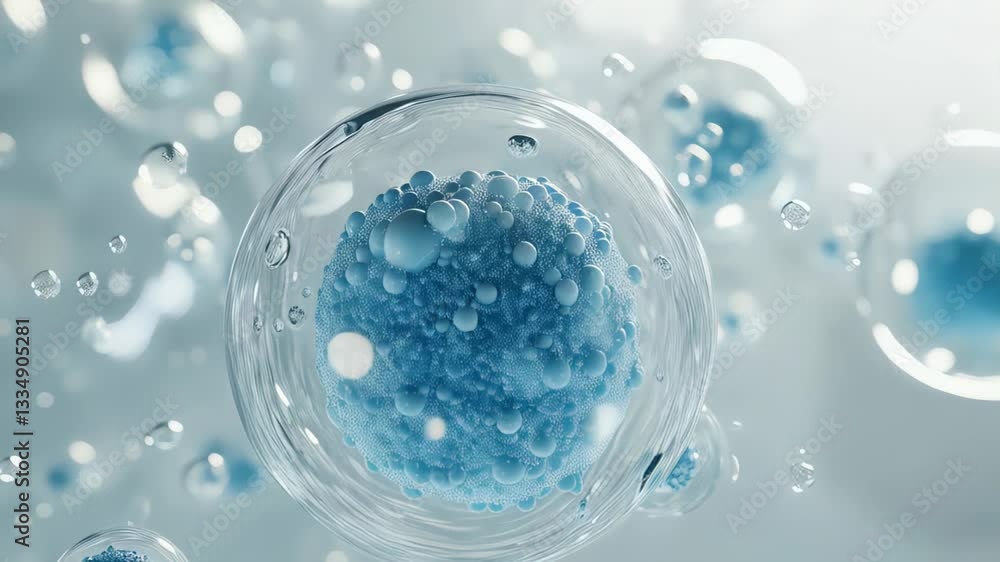 Close-up of exosome inside transparent spheres with soft glowing reflections on light background. Scientific visualization related to biotechnology, medicine, trichology Close-up of exosome inside transparent spheres with soft glowing reflections on light background. Scientific visualization related to biotechnology, medicine, trichology