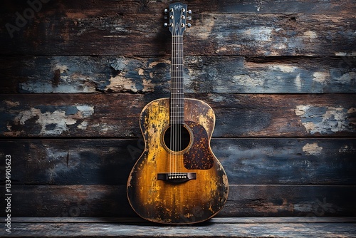 Vintage acoustic guitar on weathered wooden wall