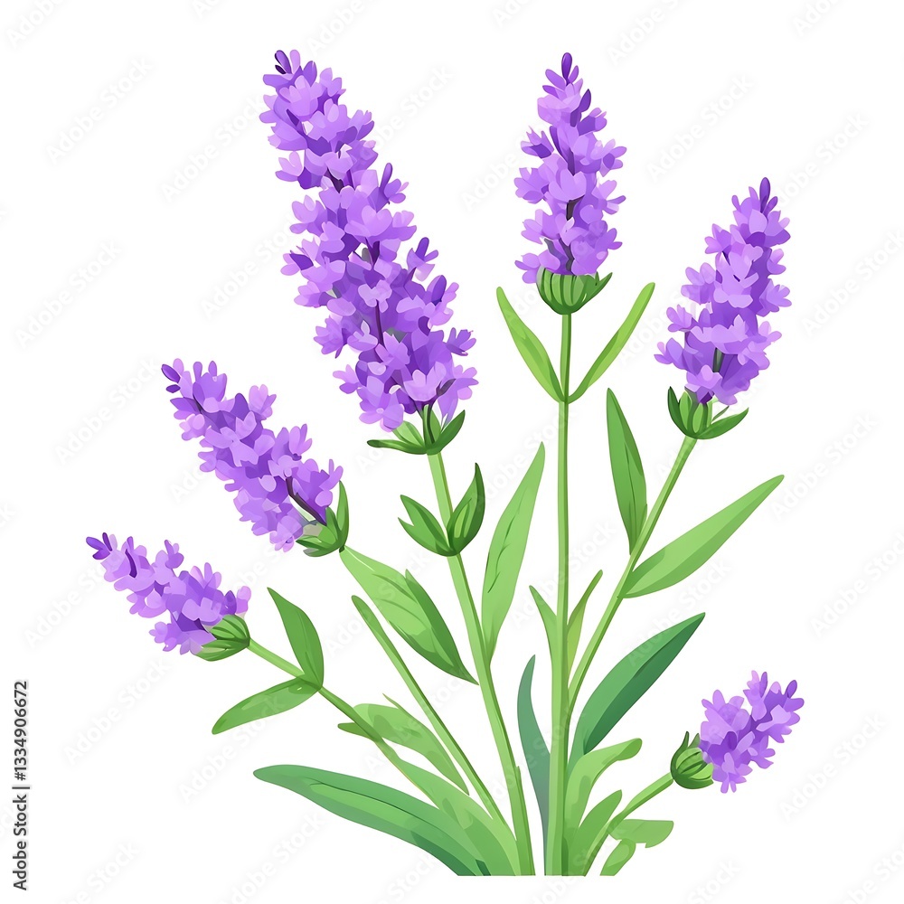 Obraz premium Botanical Illustration of Aromatic Lavender - Realistic Depiction of Purple Blooms, Green Leaves, and Herbal Elegance for Nature-Inspired Designs