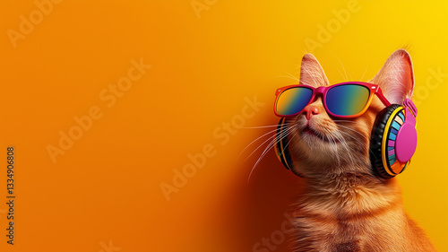 stylish cat wearing colorful sunglasses and headphones against vibrant orange background, exuding fun and playful vibe