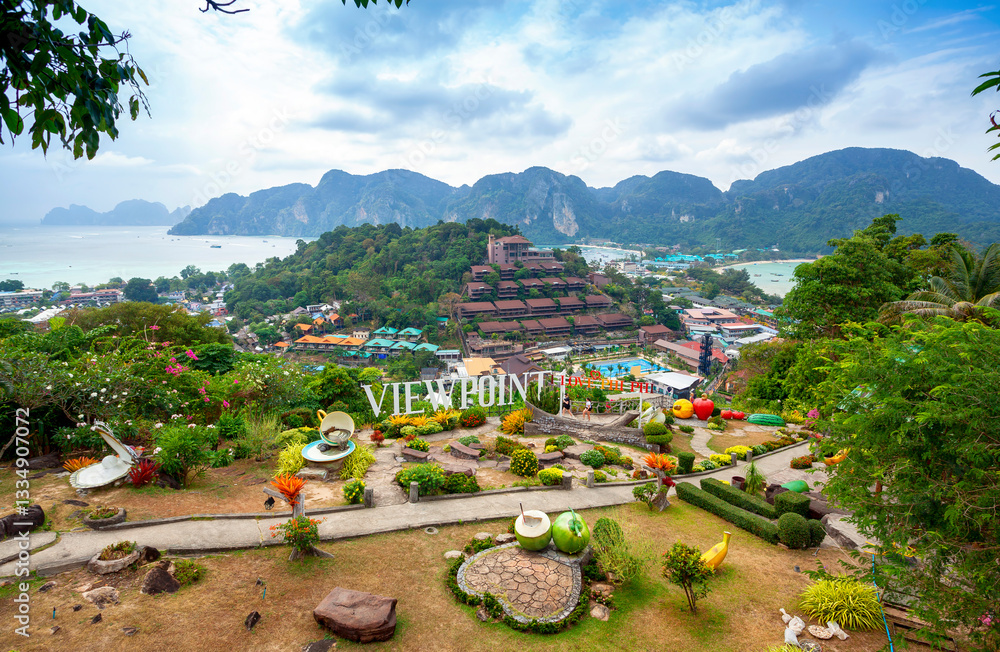 Phi-Phi island viewpoint Krabi Province, Thailand. Famous Koh Phi-Phi Don island with white sand beach and turquoise water under blue sky. Panoramic view at viewpoint of Phi Phi island in Krabi.