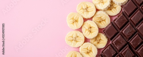 A vibrant image featuring sliced bananas beside dark chocolate on a pink background, evoking a sweet and indulgent treat.