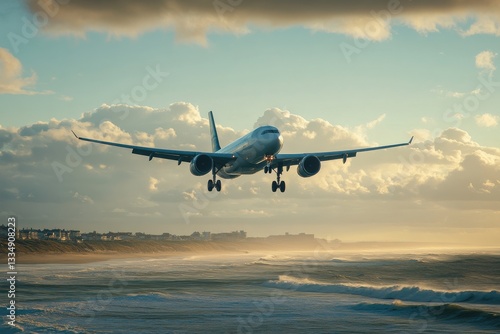 Wallpaper Mural Airplane Landing Over Ocean Waves Under Dramatic Sky During Sunset at Coastal Location Torontodigital.ca