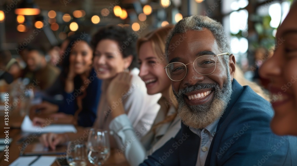 Smiling mature man in glasses enjoying a delightful gathering with diverse colleagues at a restaurant or office event. Smiling mature man in glasses enjoying a delightful gathering with diverse colleagues at a restaurant or office event.