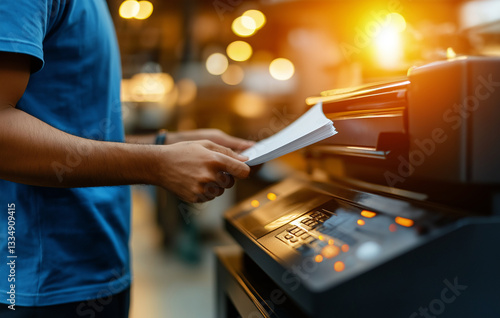 worker in blue t shirt is loading papers into printer, showcasing busy office environment. warm lighting creates focused atmosphere, emphasizing productivity and efficiency