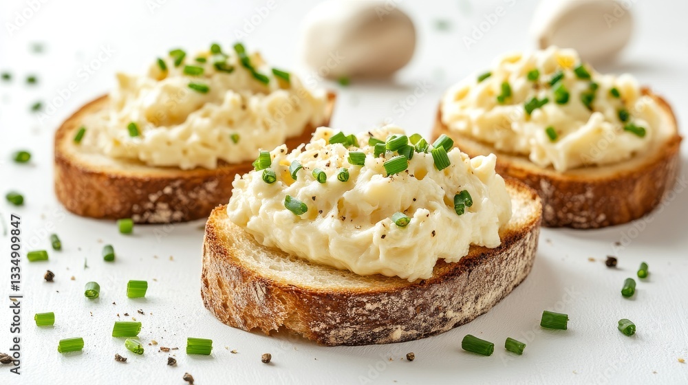 Toasted bread slices topped with a creamy spread and garnished with chives for a tasty appetizer.
Toasted bread slices topped with a creamy spread and garnished with chives for a tasty appetizer.