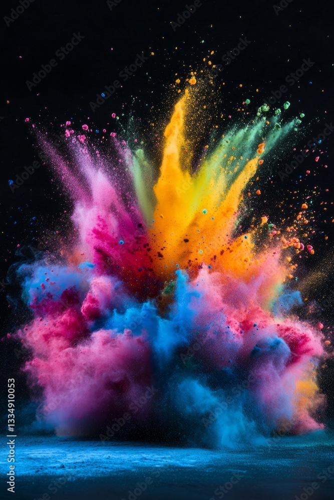 Fototapeta premium Multicolored powder exploding against black background, creating a vibrant spectrum of color