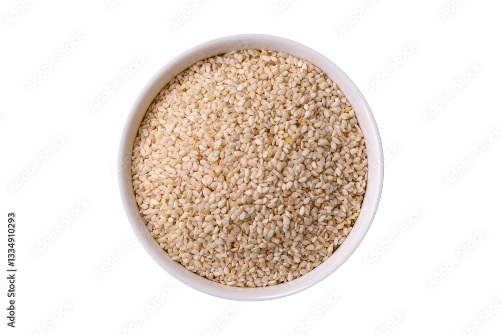 White sesame seeds in a bowl, an ingredient for making vegetarian food White sesame seeds in a bowl, an ingredient for making vegetarian food