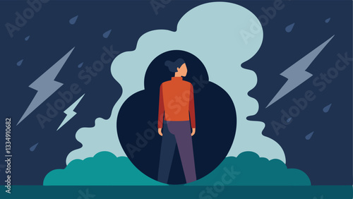 Mirror Reflection A person staring into a mirror and seeing a reflection filled with storm clouds and lightning demonstrating the internal struggles contrasted with the external